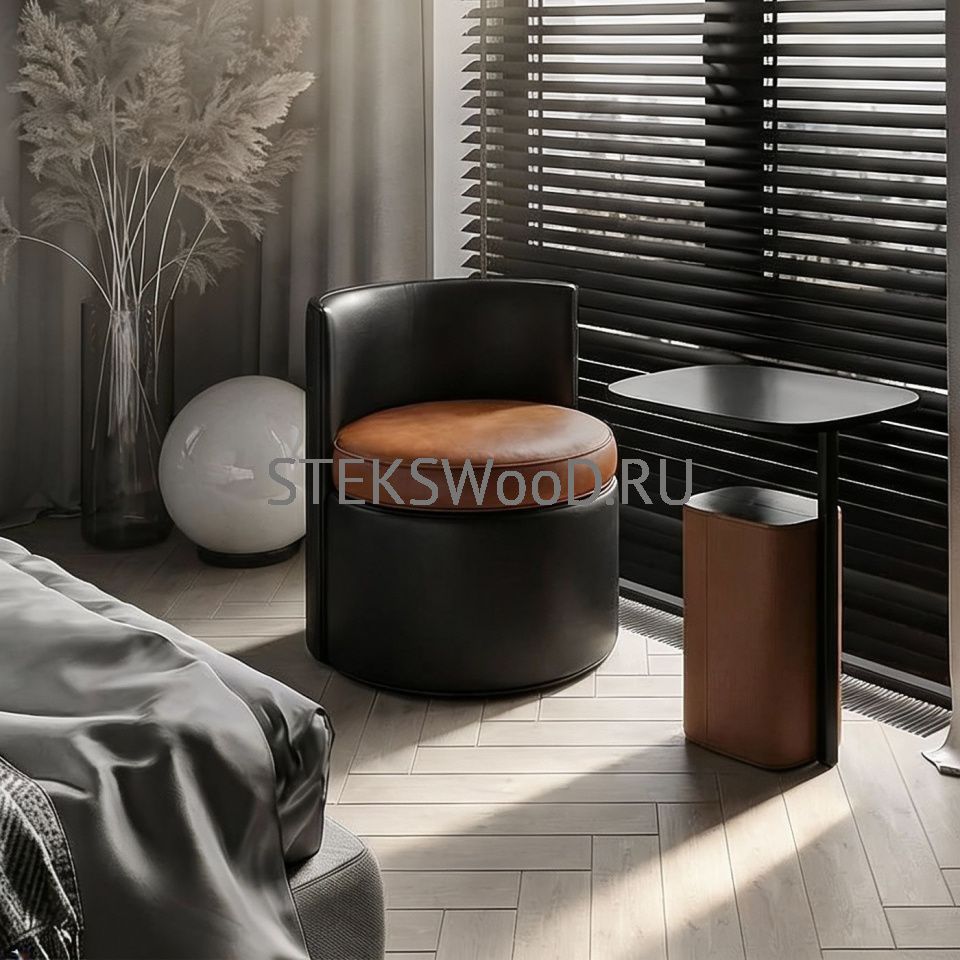 Круглый пуфик со спинкой "Клермон", натуральная кожа